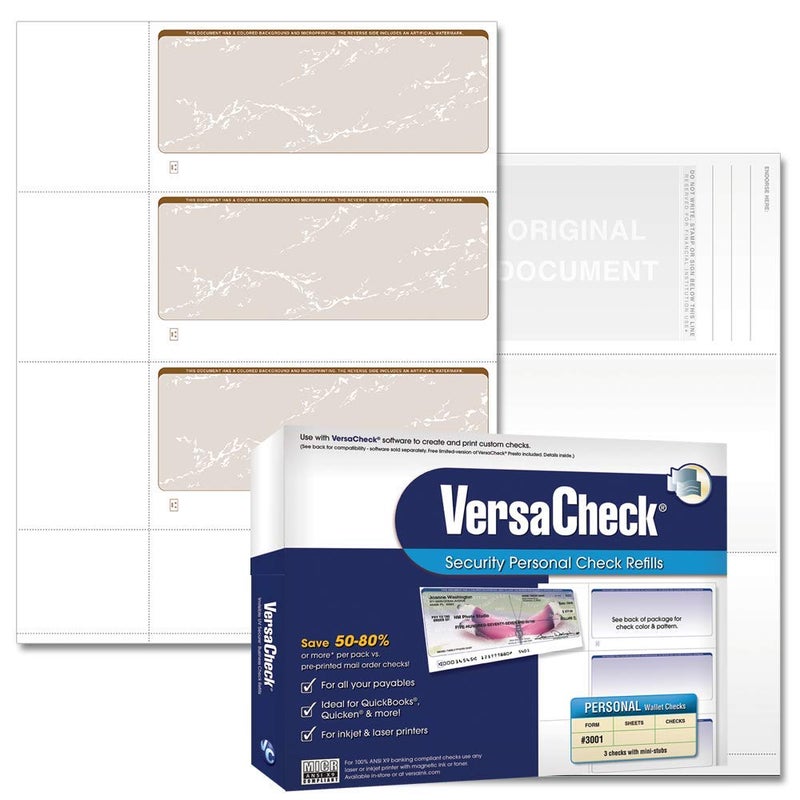 VersaCheck Secure Checks - 750 Blank Business or Personal Wallet Checks - Tan Prestige - 250 Sheets Form #3001-3 Per Sheet - Image 1
